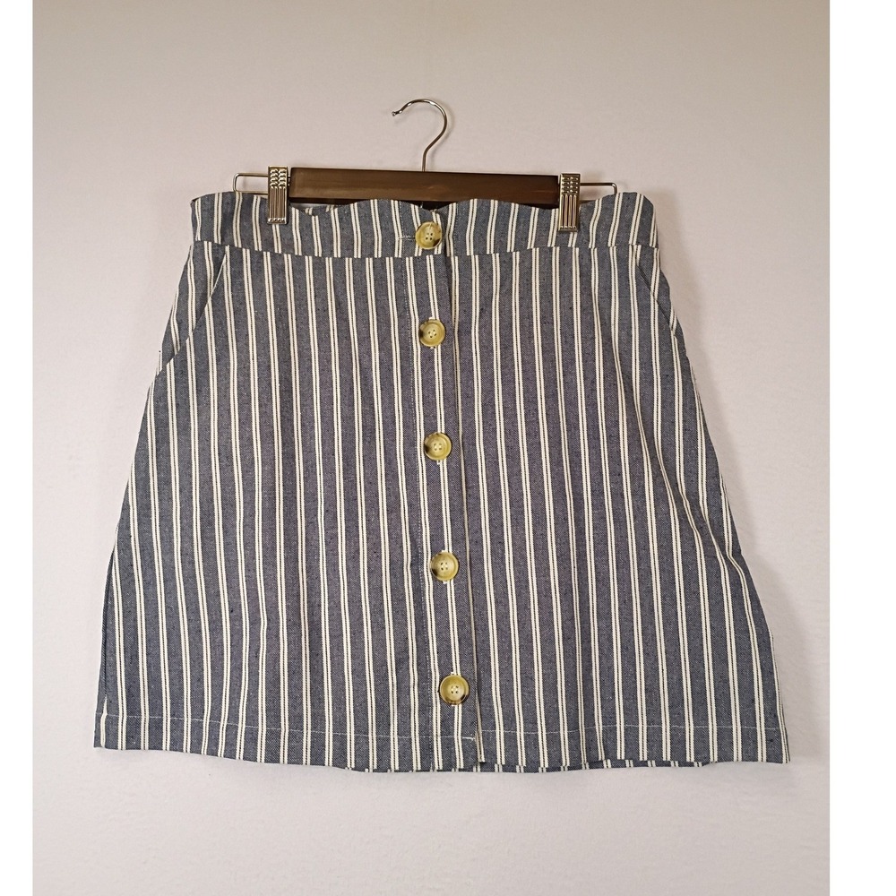 Coastal Nautical Blu Pepper Womens Large Blue White Striped Button Mini Skirt